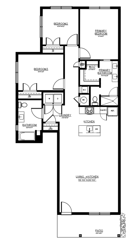 Floor plan for 3 beds, 2 baths, 1497 sqft